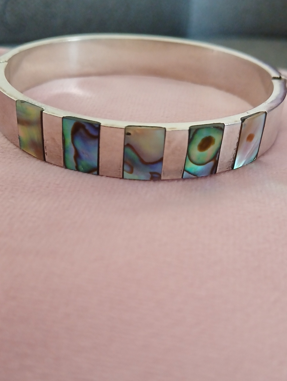 Sterling Silver Abalone Inlay Bangle Bracelet - Iridescent Green And Turquise